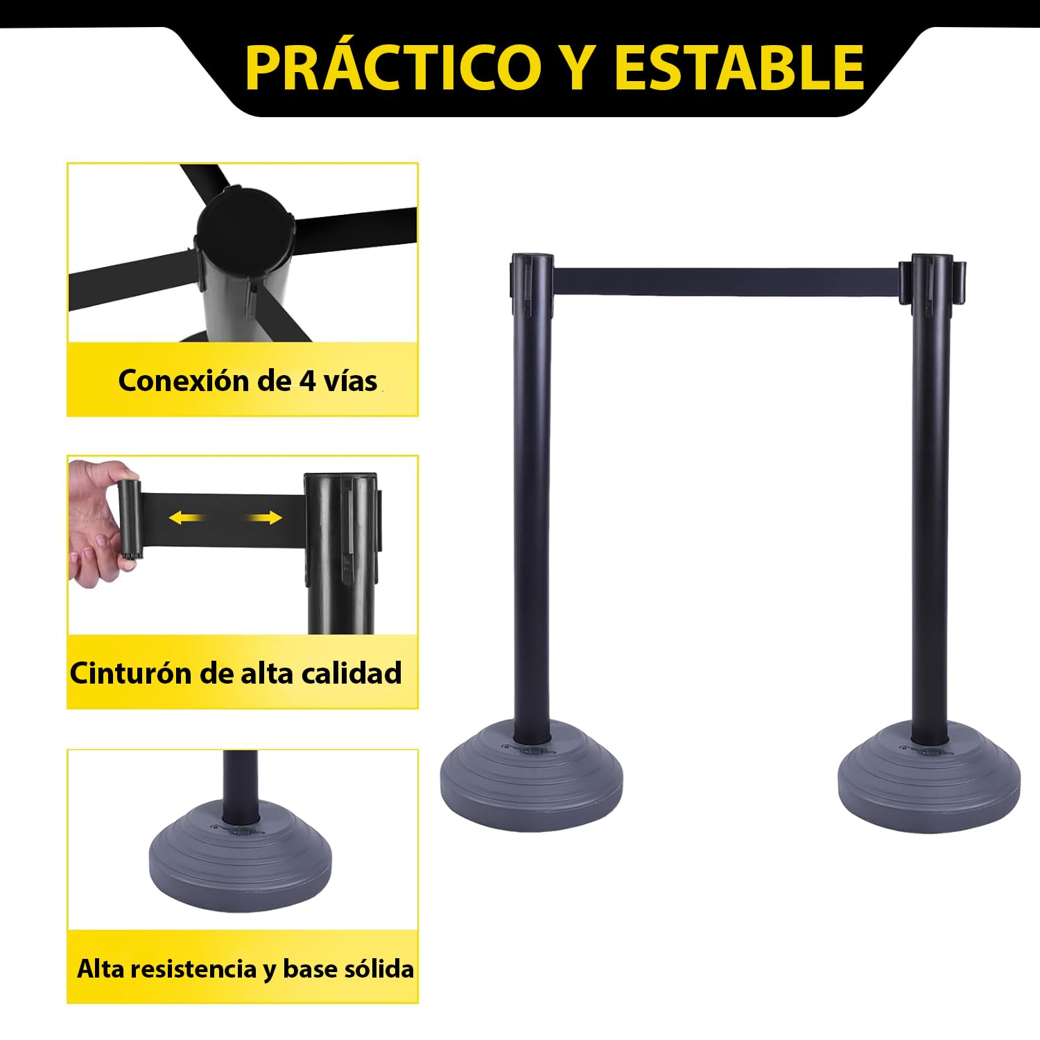 6 postes de acero inoxidable para delimitar, con correas retráctiles de 200 cm y base rellenable, gestión de colas, se utiliza en hoteles y salas de exposiciones (negro-negro)