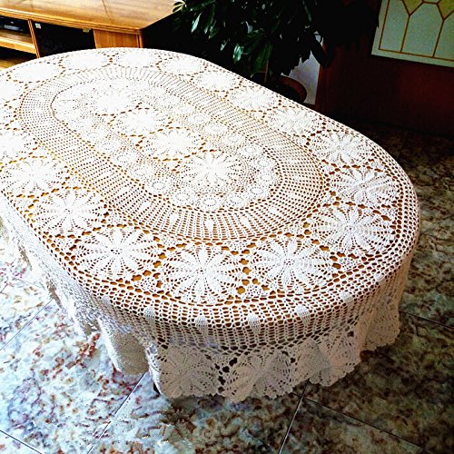 Ustide Vintage Oval Crochet Tablecloth Beige Cotton Lace Table Cover Rustic Oval Table Overaly For Wedding/Party, 63"X86.6" #TOP2