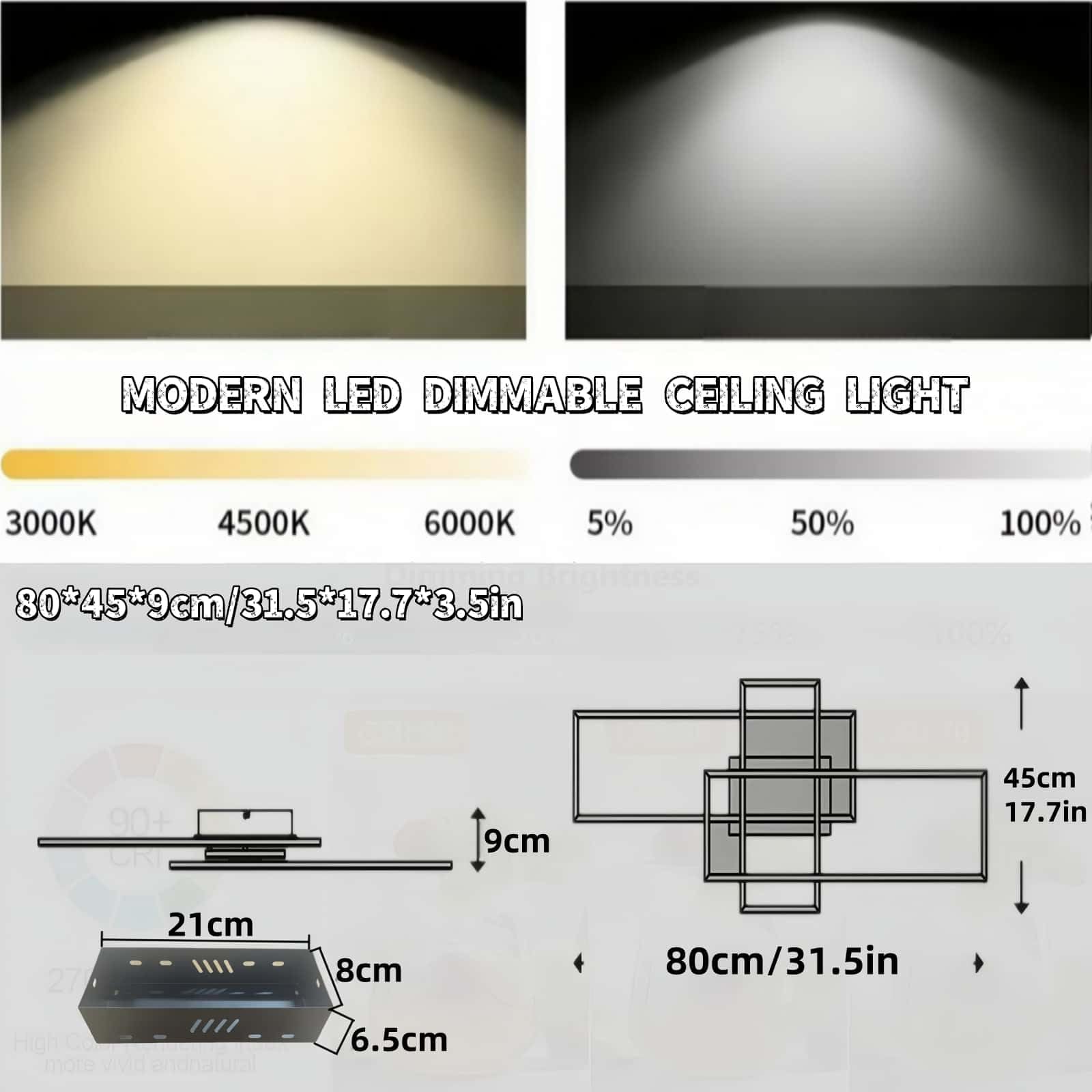 Plafonnier LED Moderne, Dimmable 2700-6500K, avec Télécommande 59W, Plafonnier pour Salon, Chambre, Cuisine, Couloir, Balcon, Salle à Manger (Noir, 80 * 45 * 9cm)
