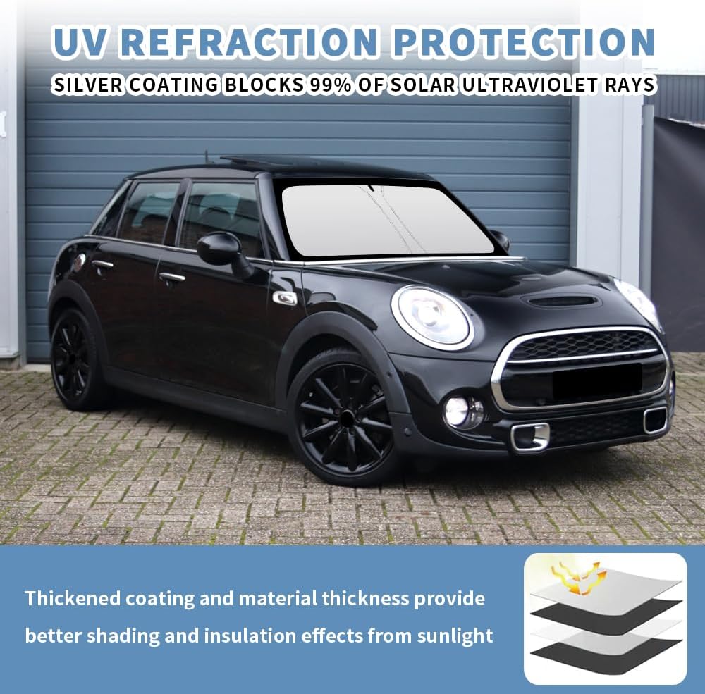 Front Windshield Sun Shade Custom Fit Compatible for Mini Cooper F55 Sunshade Foldable UV Ray Reflector Sun Visor Protector Accessories Shield Cover Reflective (for Mini Cooper F55)