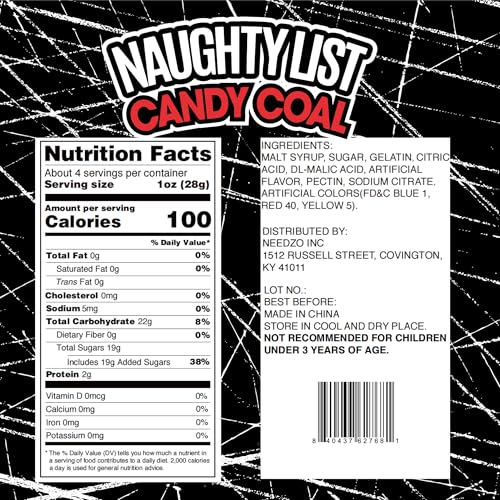 Naughty List Coal Christmas Candy, Funny Gag Gift Gummies, Sour Strawberry Flavored, Stocking Stuffer Treats, 4 Ounces