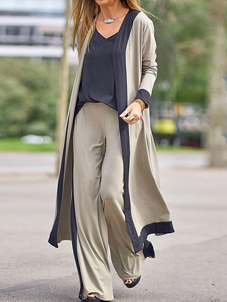 shownicer Pantalone da Donna Completo 3 Pezzi Lunga Cardigan e Casual Vita Alta Gamba Larga Pantaloni e Senza ManicheTop Ampio Outfit