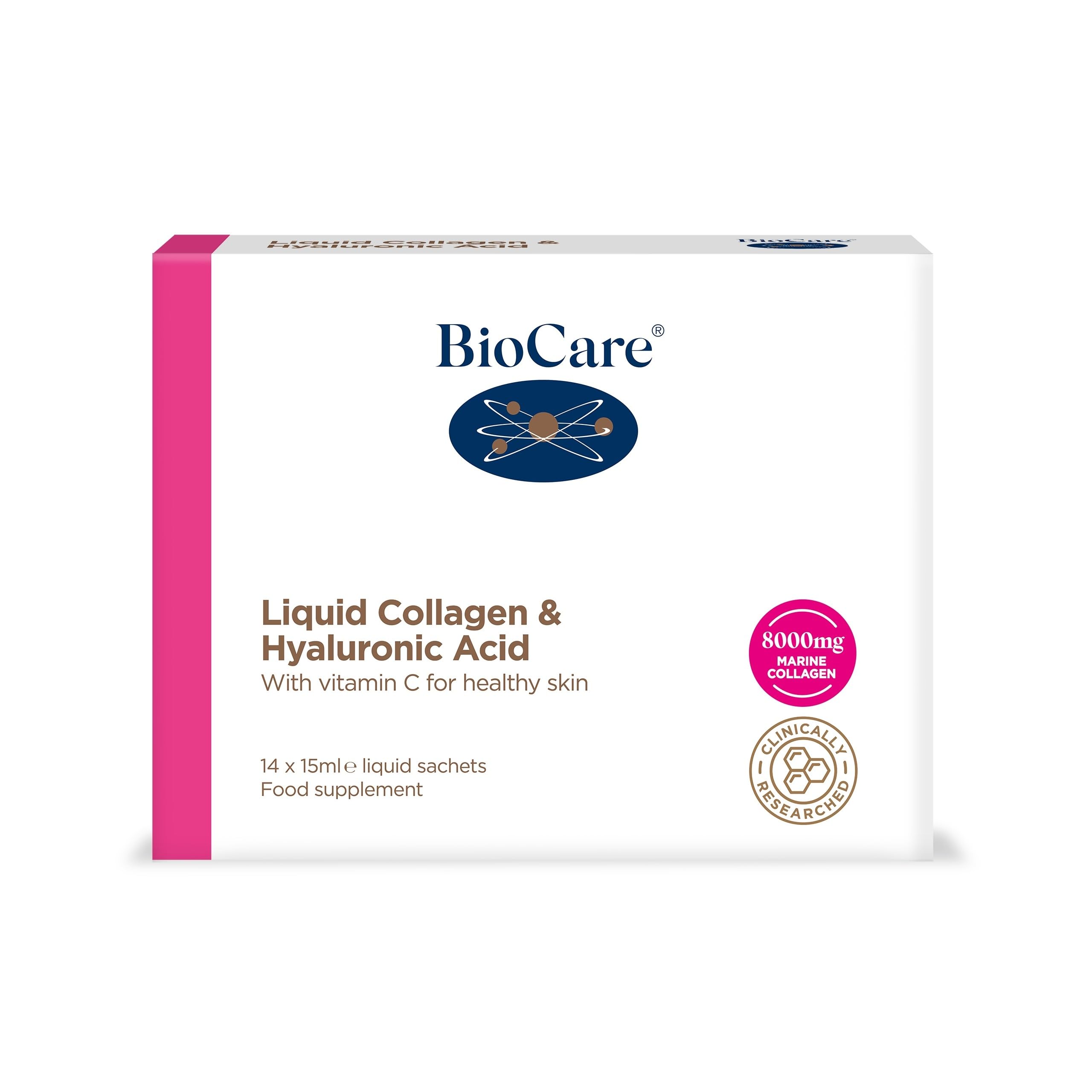 BioCare - Liquid Collagen & Hyaluronic Acid - 8000mg of Hydrolysed Marine Collagen - Mango & Orange Flavour, 14 x 15ml sachets