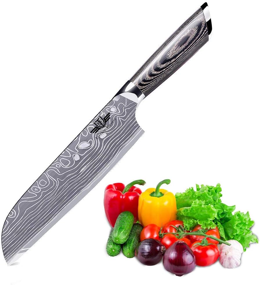Santoku Knife, Professional Kitchen Knife, High Carbon German Steel Blade with Comfortable Ergonomic Handle
