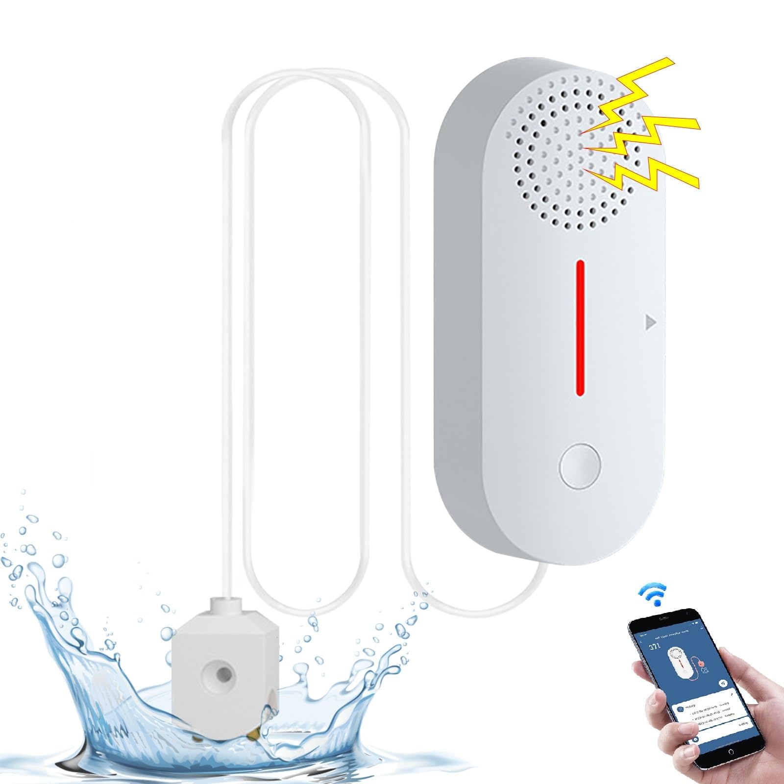 Water Leak Detector With 120dB Alarm, 2.3ft Sensor Cable For Home, Kitchen, Bathroom & Basement – ABS, Battery Operated