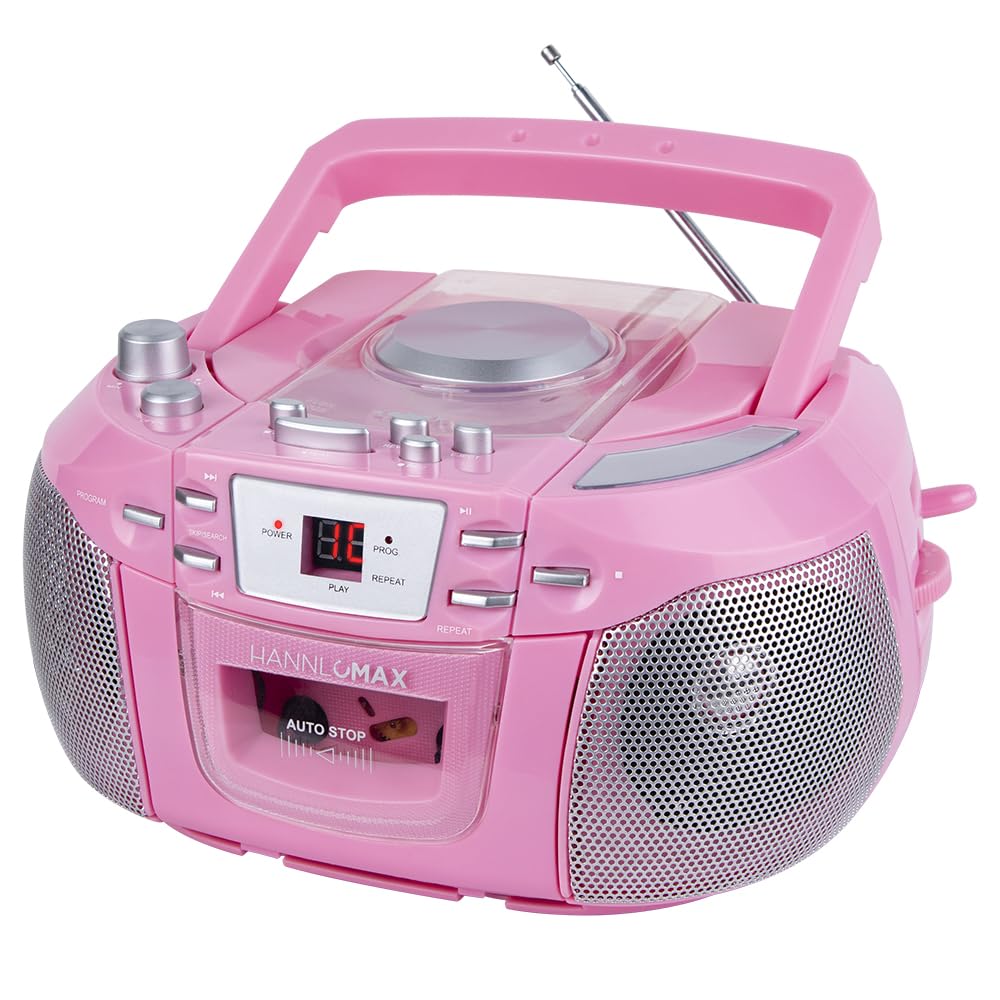 HANNLOMAX HX-338CD CD Boombox, AM/FM Radio, Cassette Recorder, Records from CD or Radio, Headphone Jack, LED Display, AC/DC Dual Power Source. (Pink)