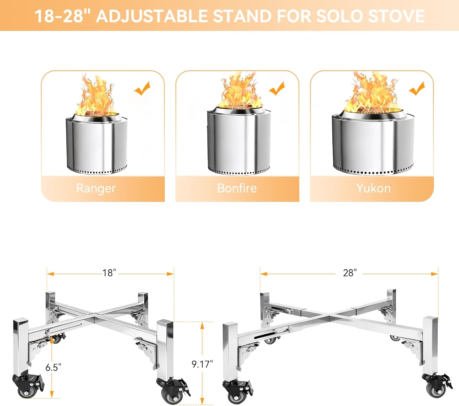 Adjustable 18-28" Rolling Firepit Stand for Solo Stove Bonfire, Yukon, Ranger Fire pit, Stainless Steel Fire Pit Stand on Wheels, Easy Mobility, Camping Accessory for Most 18-28 Inch Fire Pits
