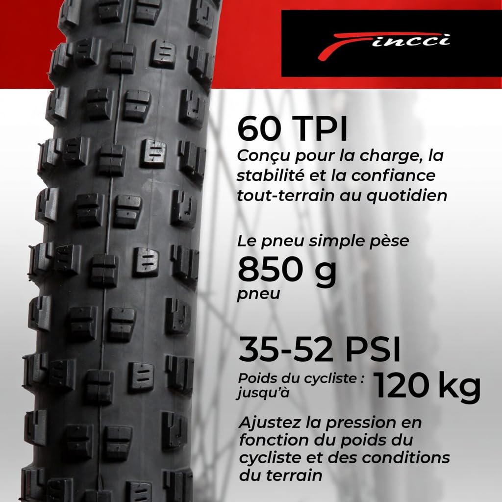 Fincci Pneus VTT 29 Pouces 29x2.25 Pliables Kevlar 60 TPI Protection Anti-Crevaison LVL3 1mm ETRTO 52-622 Noir pour XC, Trails Mixtes et Usage Intensif - Paire de 2