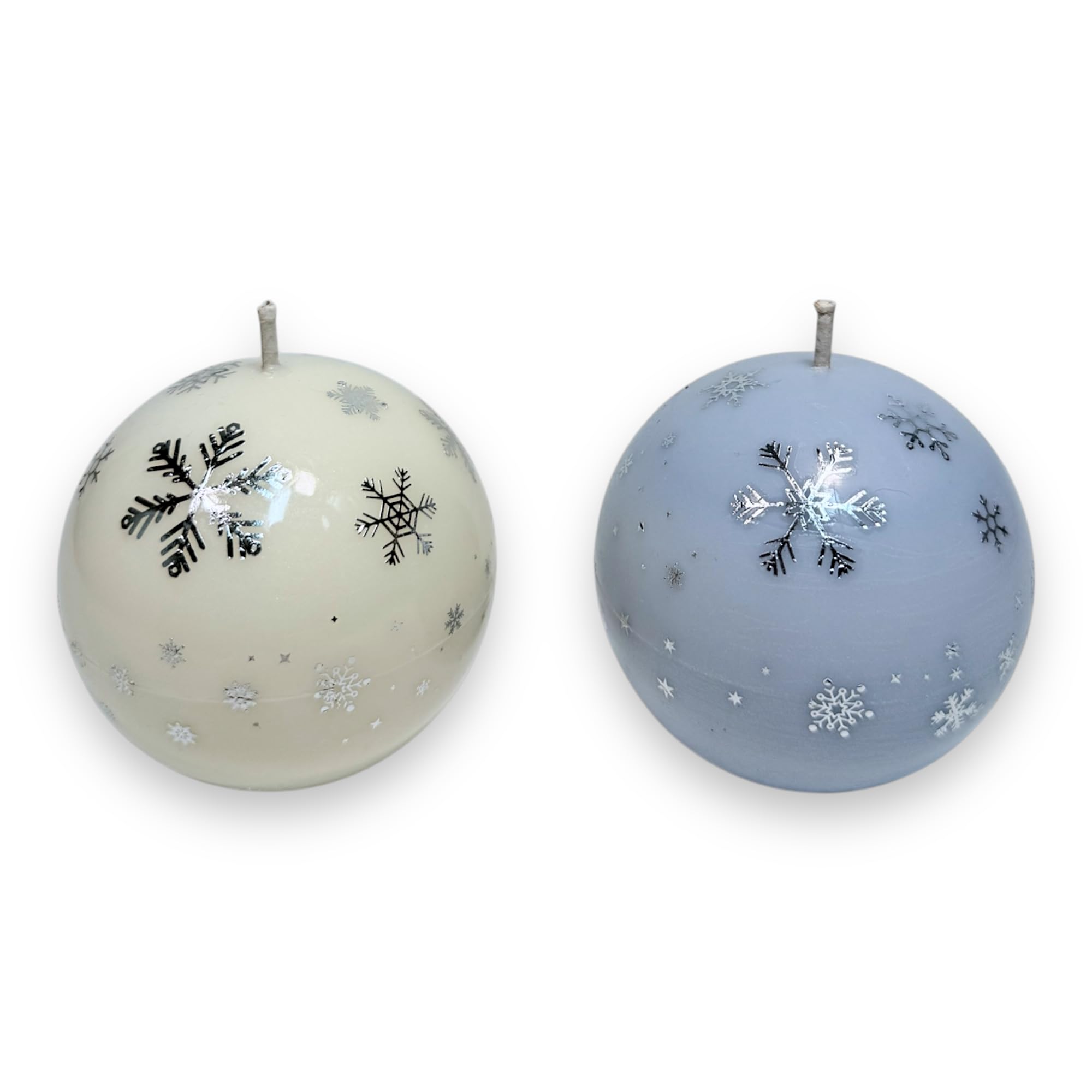 Set of 2 Christmas Sphere Candles – White & Blue with Snowflakes – Festive Holiday Decor & Gift
