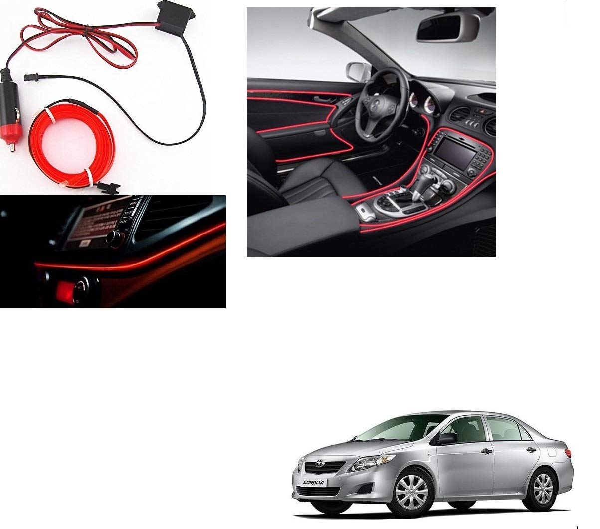 Kozdiko Red Color 12V 5Mtrs Roll Cold Light Car Socket Strip Neon Lamp Mood Creator Decor InteriorLighting for Toyota Corolla