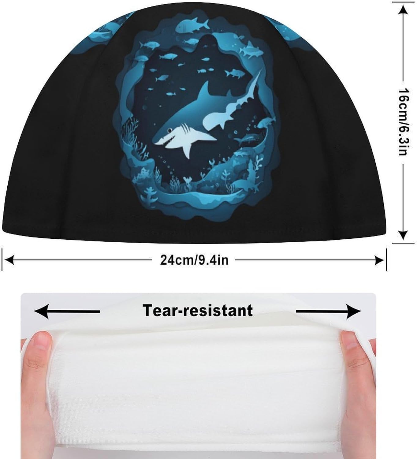 Shark Fish Undersea Cave Womens Swim Cap for Men Adult Swimming Hat Curly Short Medium Long Hair