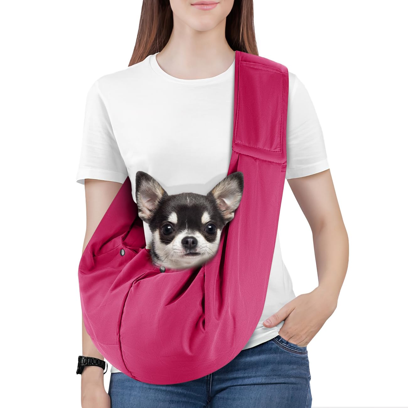 Pawaboo Small Dog Sling Carrier, Reversible Hands Free Dog Sling Carriers for Small Dogs and Cats, Puppy Slings Carrier with Safety Harness, Puppy Essentials, Magenta — image 1
