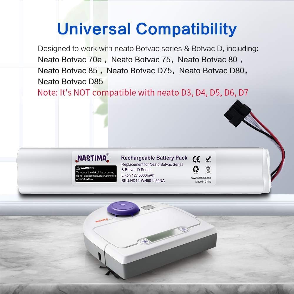NASTIMA 12V 5000mAh Li-ion Battery for Neato Battery Replacement Compatible with Neato Robot Vacuum D Series D85, D80, D75 Botvac 70e, 75, 80, 85 Vacuum Cleaners 945-0129 945-0174