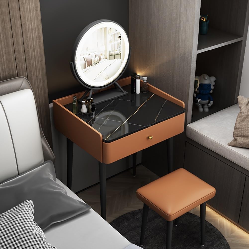 Set da trucco in ardesia nera con specchio e illuminazione, sgabello imbottito, semplice tavolo da toeletta per la casa e la camera da letto, design robusto, perfetto per gli amanti della bellezza