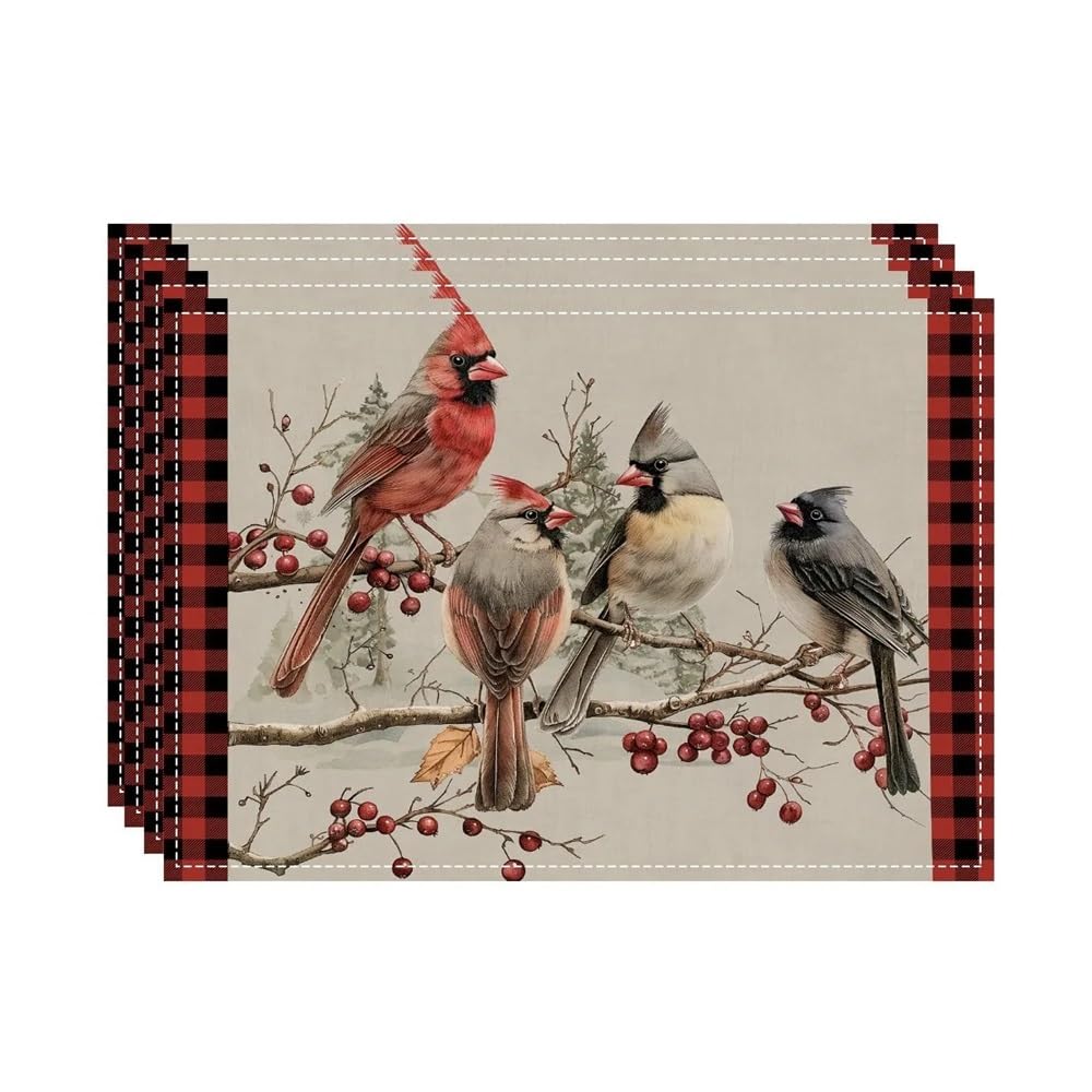 4Pcs Red Merry Christmas Placemats Winter Xmas Birds Table Mats Holiday Snowflakes Rustic Kitchen Dining For Home Party(BJT-250720000021,8Pcs-30X45cm(12X18in)
