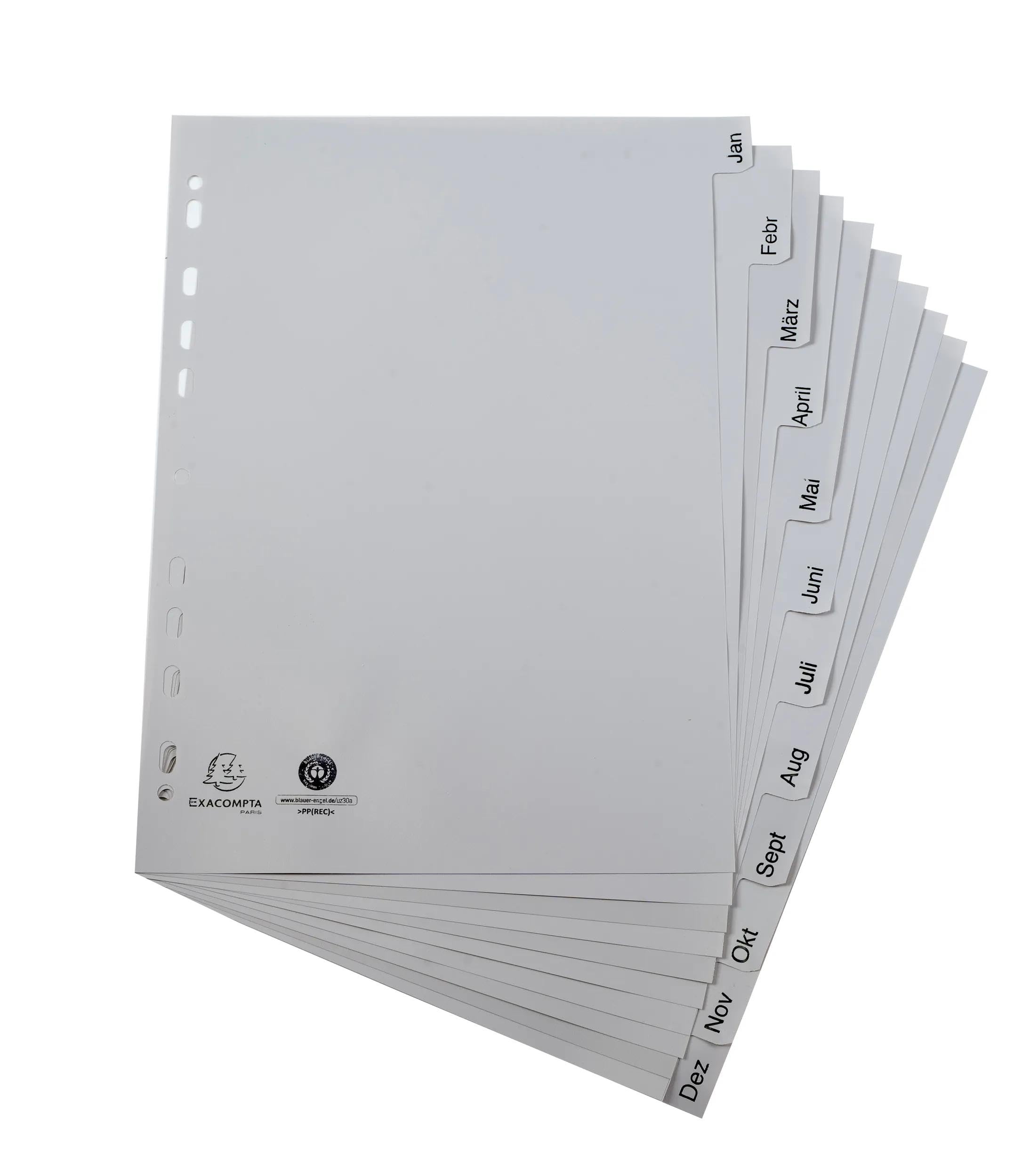 Exacompta - Ref. 1812B – Caja de 25 separadores impresos mensuales PP reciclado gris – Januar-Dezember(alemán) – 12 posiciones – A4 – Gris