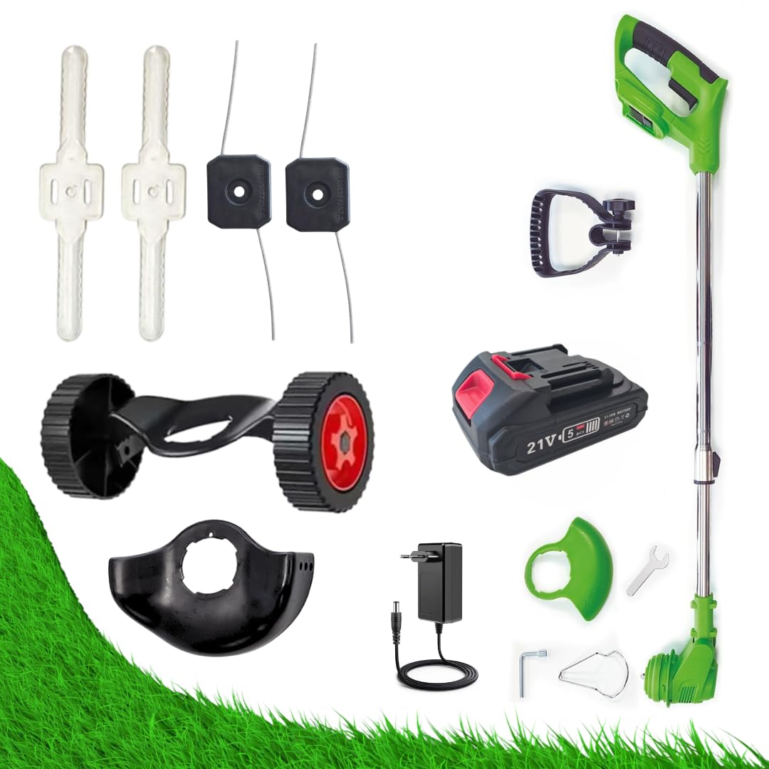 ROTORAZER 8 IN 1 Desbrozadora Electrica, 2 Baterías 21V, Cortabordes, Podadora, Corta cesped, Varios Accesorios, Cabezal pivotante 90º (Mower+1Battery)