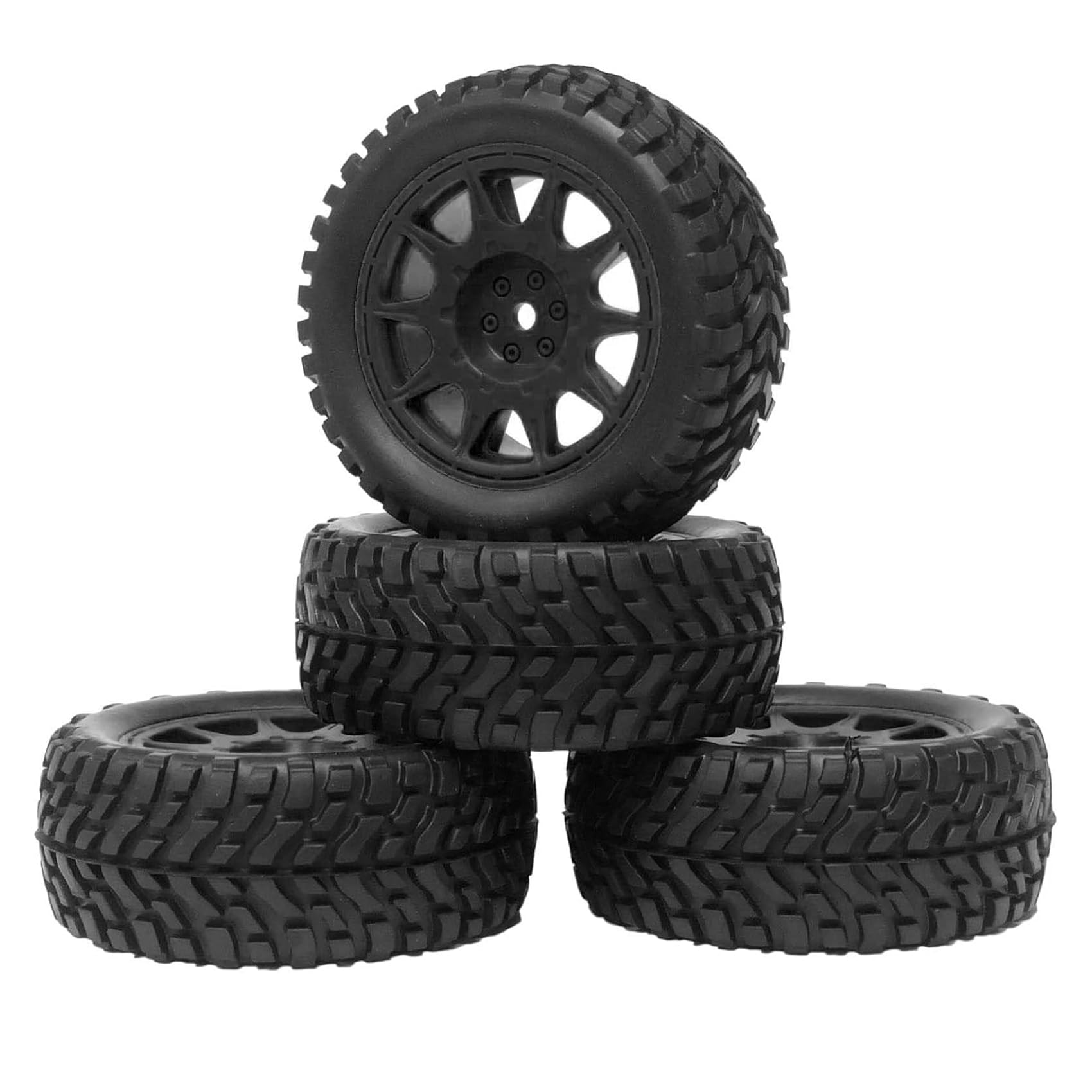 KINGCOO 4PCS 75mm Rubber Tyres Tires with Foam Inserts and Plastic Wheel Rims 12mm Hex for 1/10 On-Road RC Drift Touring Car 1/14 1/16 1/18 Rally Car Replacement Parts (10Spoke-Black)