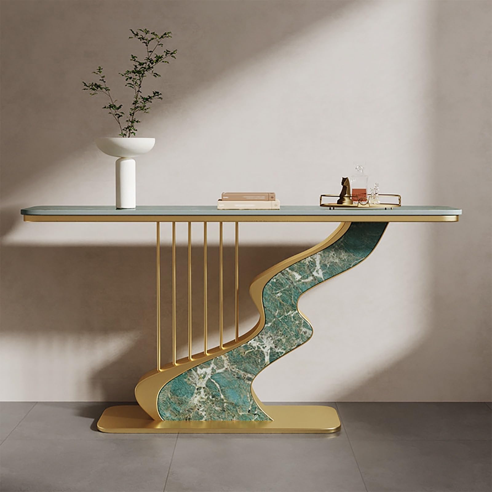 Tavolo Consolle Moderno Stretto con Piano in Pietra Sinterizzata e Struttura Metallica, Mobile Ingresso, Tavolo Dietro Divano per Corridoio, Entrata e Soggiorno | Green+gold,39.3*11.8*31.4in