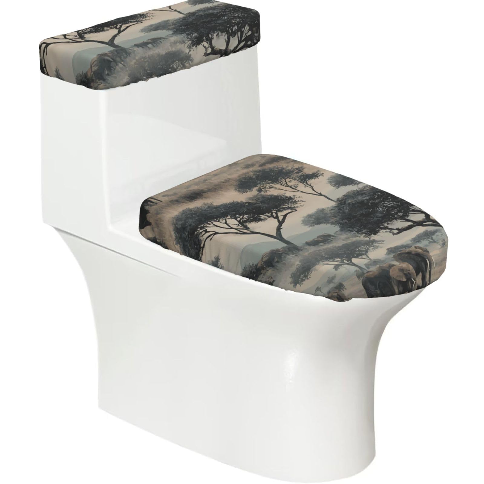 Wzycwb Black A Herd Of Elephants 2-Piece Toilet Seat Cover Set With Tank Lid, Elastic Fit For U-Shape & Elongated Toilets, Bathroom Decor, Housewarming Gift