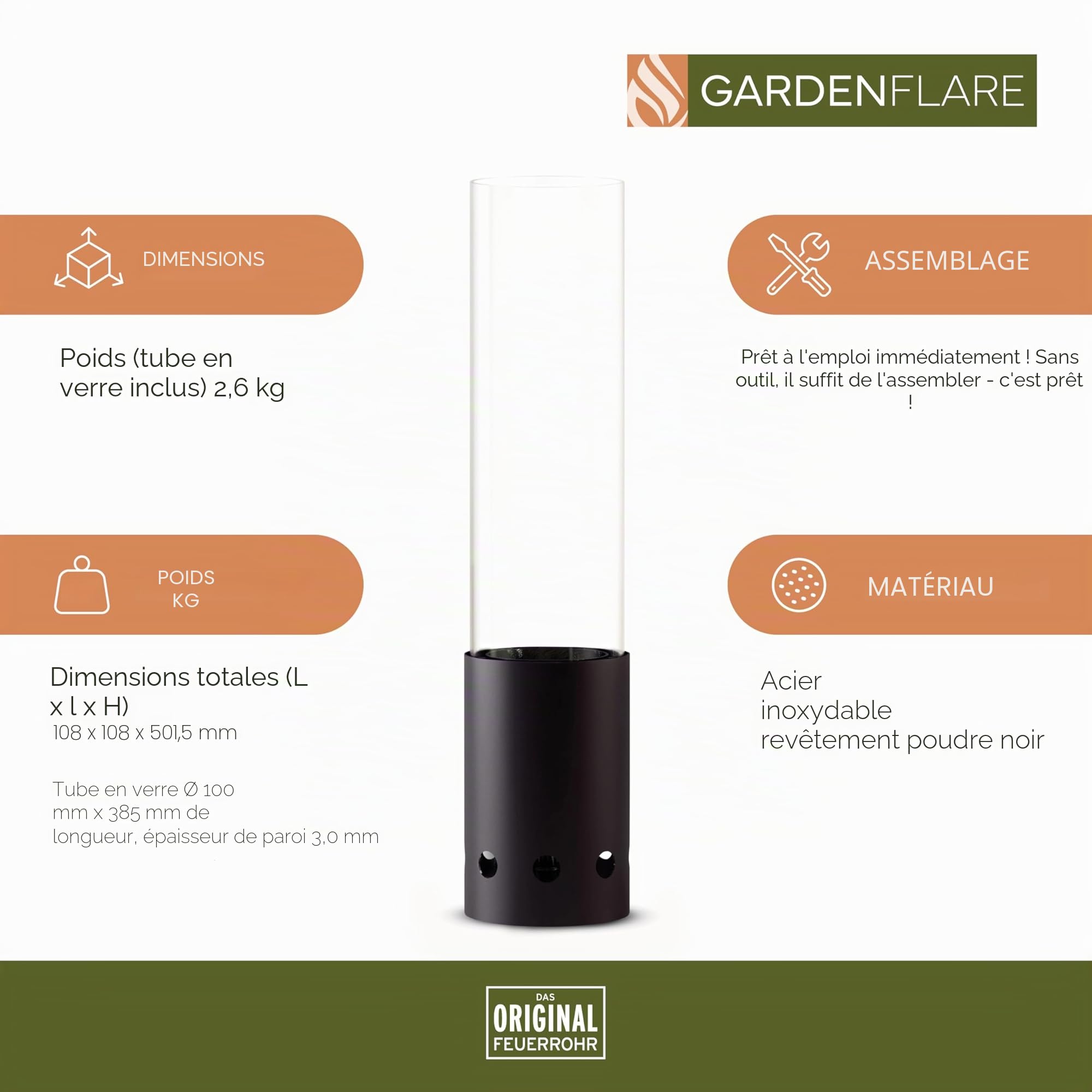 GARDENFLARE Cheminée de table d'extérieur en acier inoxydable sans fumée et tuyau de cheminée pour balcon et terrasse, décoration de jardin, lanterne avec fonctionnement à granulés de bois (noir)