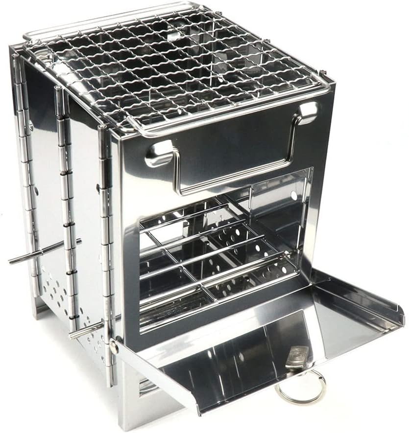 Camping Stove Folding Stainless Steel Backpacking Wood Bbq Grill with Carry Bag Hiking Cooking