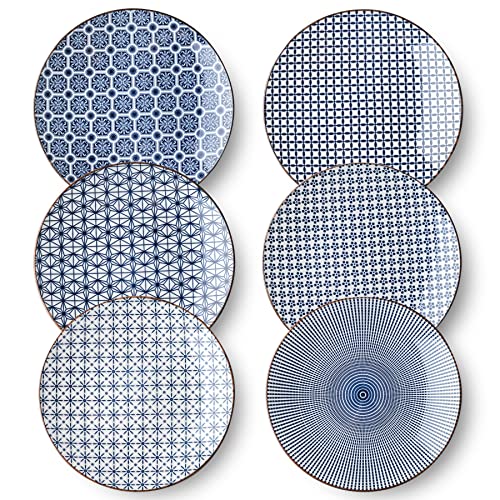 YELLOYA 21,6 cm japanische blaue und weiße Keramik-Speiseteller-Set - blaue Salatteller, Set mit 6 Küchentellern für Hauseinweihungsgeschenke, Zuhause Cover