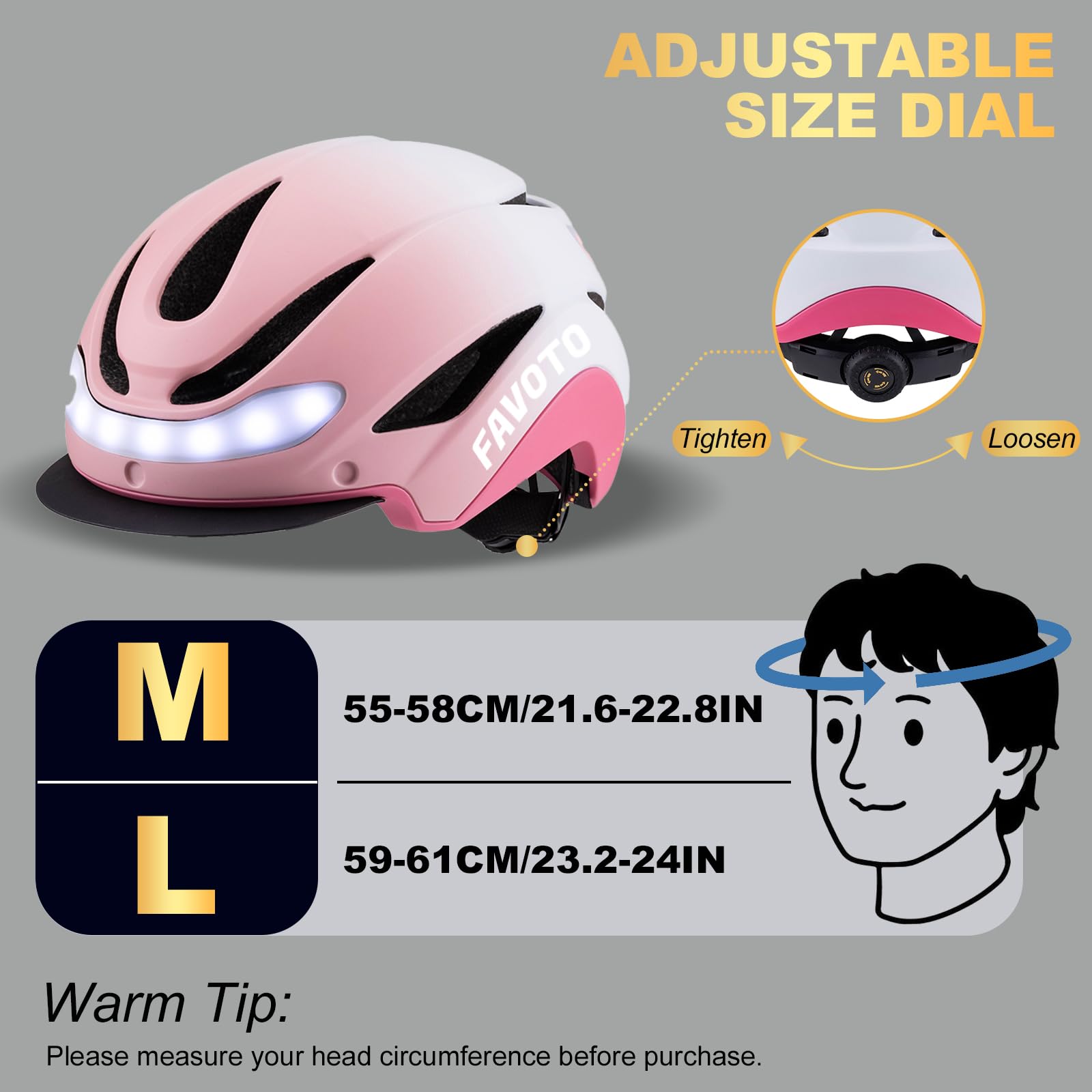 Favoto Casque de Vélo avec Lumière Arrière pour Homme Femme Adulte Circonférence Réglable Visière Amovible