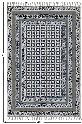 Tapis indien imprimé coton géométrique gris beige pompons déco tapis lavable 1,5m - 4