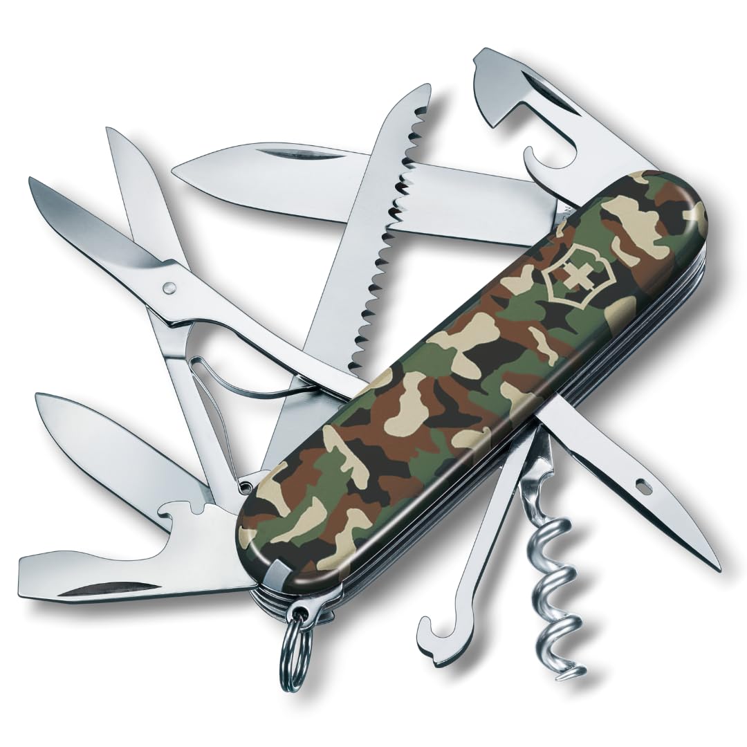 Victorinox Huntsman Swiss Army Knife, 15 Functions, Swiss Made Pocket Knife with Large Blade, Screwdriver, Scissors and Wood Saw - Camouflage