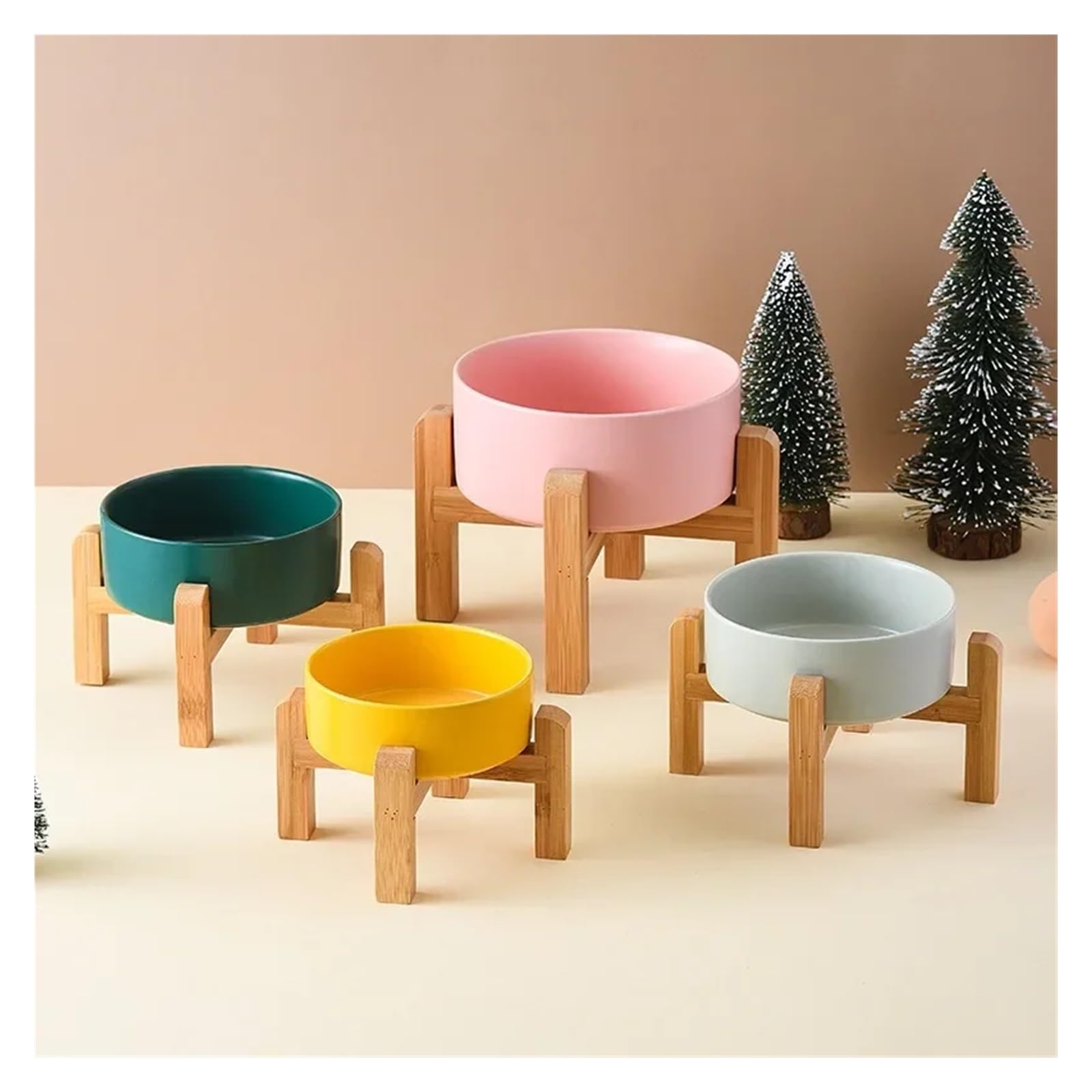1500ml miska dla dużych psów podwójna ceramiczna podwyższona karma dla zwierząt domowych małe średnie duże artykuły do ​​karmienia psów z drewnianym stojakiem(Green,15.5cm 850ML)