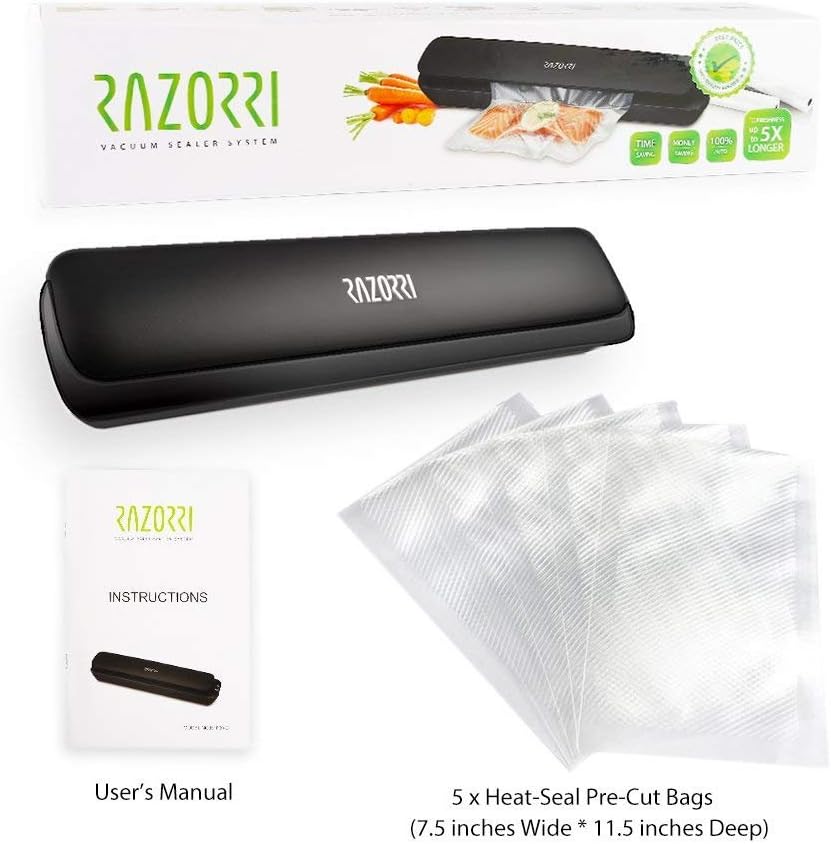 Diagram showing compatible bag types for the Razorri vacuum sealer: Bags with Lines (recommended for vacuum and seal), Bags with Folded Side (can be used for vacuum and seal), and Bags with no Lines (cannot be used for vacuum, only for seal).