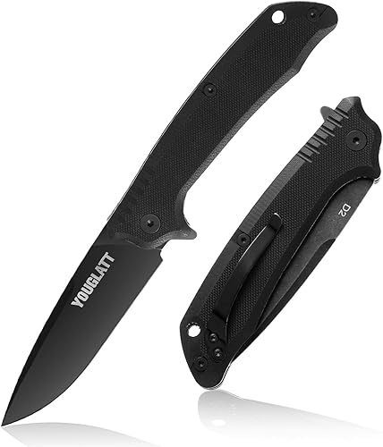 youglatt Cuchillo plegable, cuchillo EDC hecho de acero D2 G10 con clip, afilado y duradero, fácil de llevar, cuchillo de bolsillo pequeño, adecuado