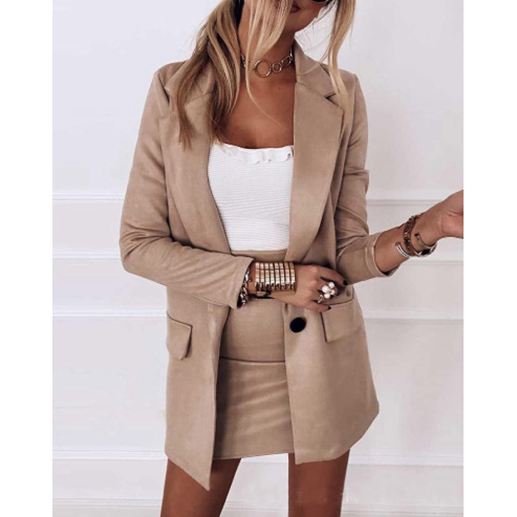 Frauen Formale 2-teilige Rock Anzug Revers Blazer und Bodycon Minirock Set Outfits für Büro Damen Business Set Zweiteiler