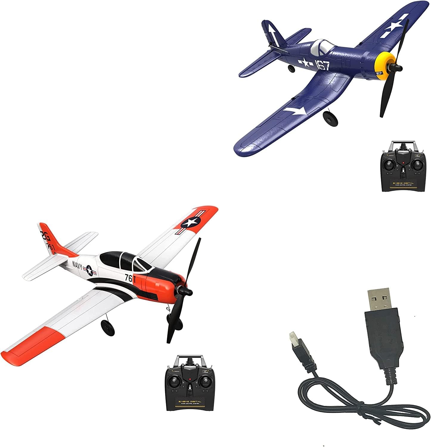 VOLANTEXRC USB charger with a 761-8 F4U Corsair and 761-4 Sport Cub RC airplanes and remote controls