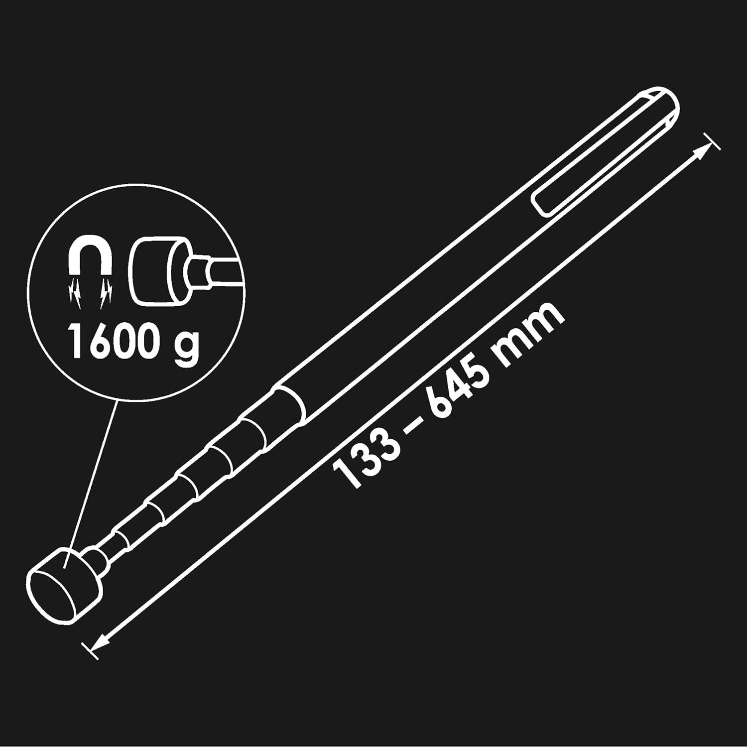 ViGOR V1741 Podnośnik magnetyczny I Wysuwana, magnetyczna siła podnoszenia do 1600 g, z klipsem kieszonkowym I Teleskopowy pręt magnetyczny do podnoszenia części żelazn