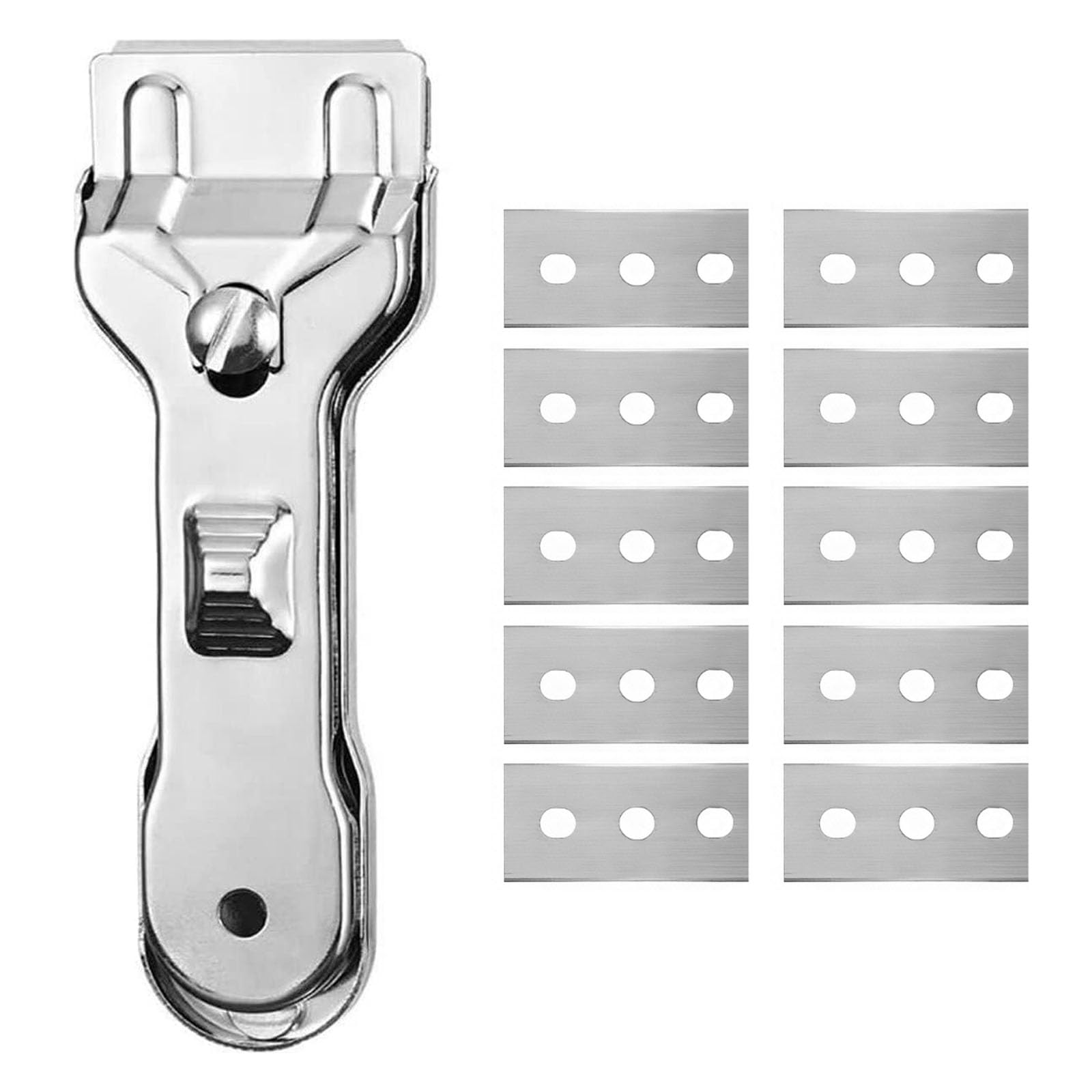 Hontaog Rascador de acero inoxidable con 10 cuchillas de repuesto, raspador de cristal para vitrocerámica, horno, campana extractora, rasqueta de limpieza contra quemados, grasa, restos de pegamento