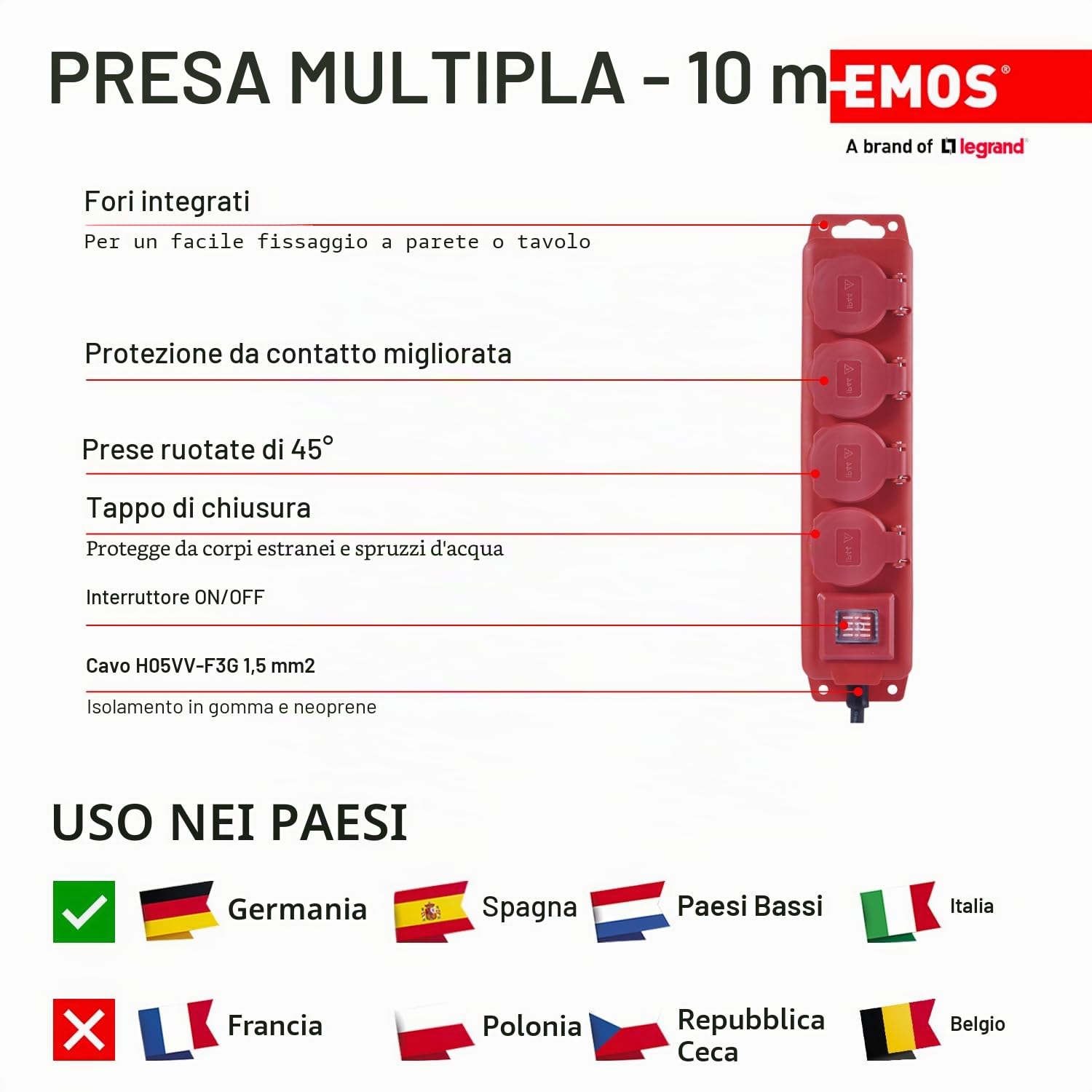 Emos - Ciabatta elettrica, protezione IP44, per esterni, con protezione bambini