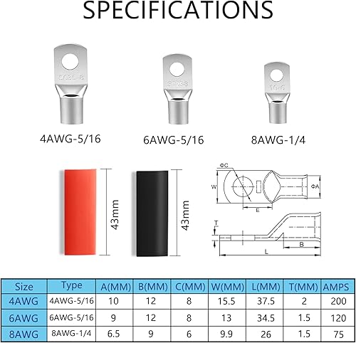 Miniatura 6 de Cables de batería de calibre 4 AWG, terminales de 516 pulgadas, 4 lengüetas de 38 pulgadas, 4 tubos Shink, cobre estañado de 1.5 pies, inversor de