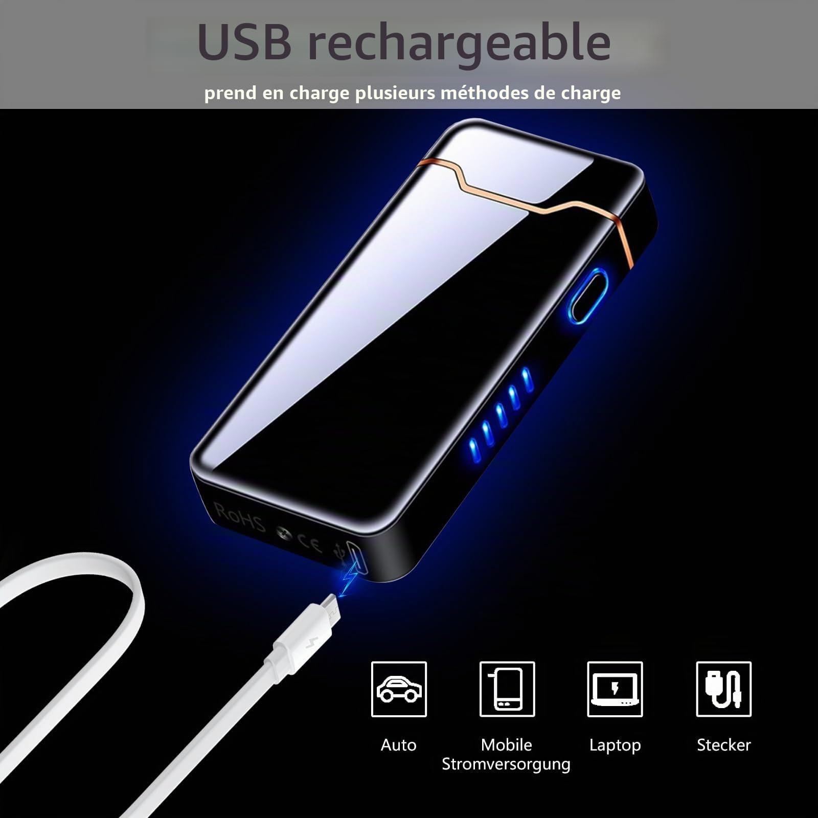 SKRFIRE Briquet plasma coupe-vent rechargeable par USB, corps en métal, flammes puissantes, indicateur de niveau de batterie, briquet électrique pour bâtons d'arômes, cheminée, camping en plein air