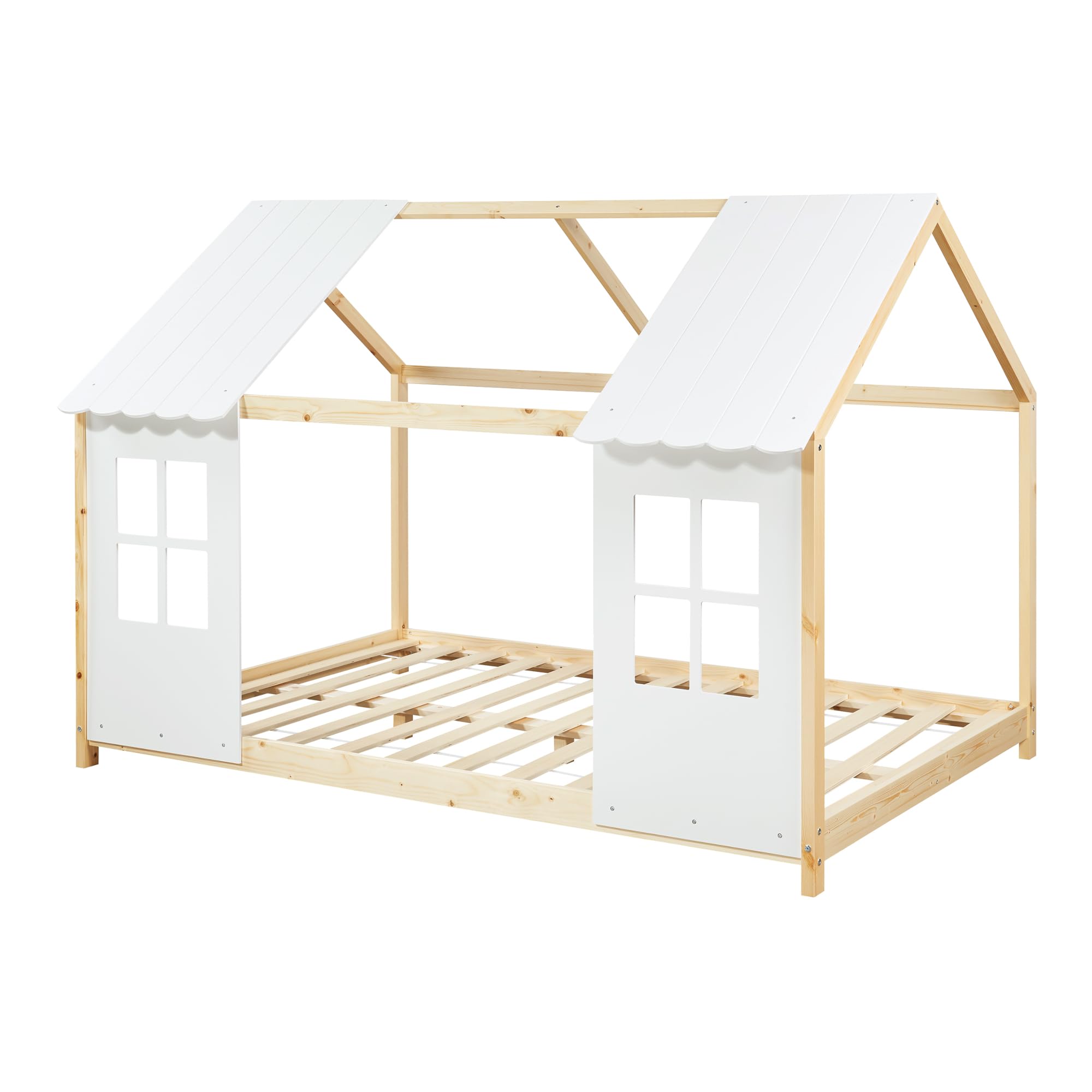 [en.casa] Kinderbett Tostedt Hausbett Jugendbett Bettenhaus Halboffenes Design Montessori Bett aus massiver Kiefer Bettgestell Holz 140x200cm Holz/Weiß