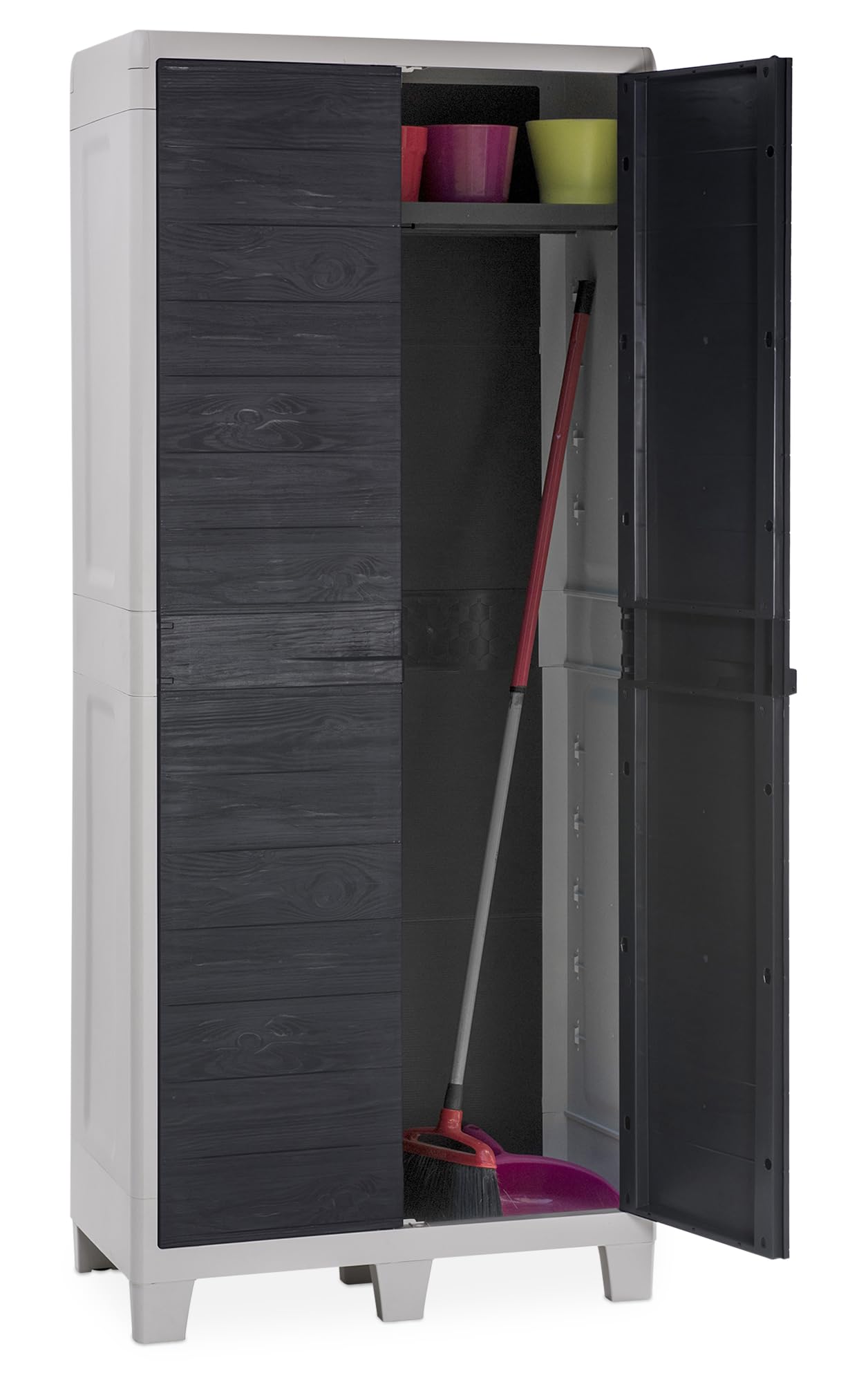 Toomax Armadio Portascope Woody's XL 78x46x182h cm in plastica resistente effetto legno grigio chiaro/antracite, 4 ripiani regolabili, piedini e predisposizione per lucchetto, per ripostigli e garage