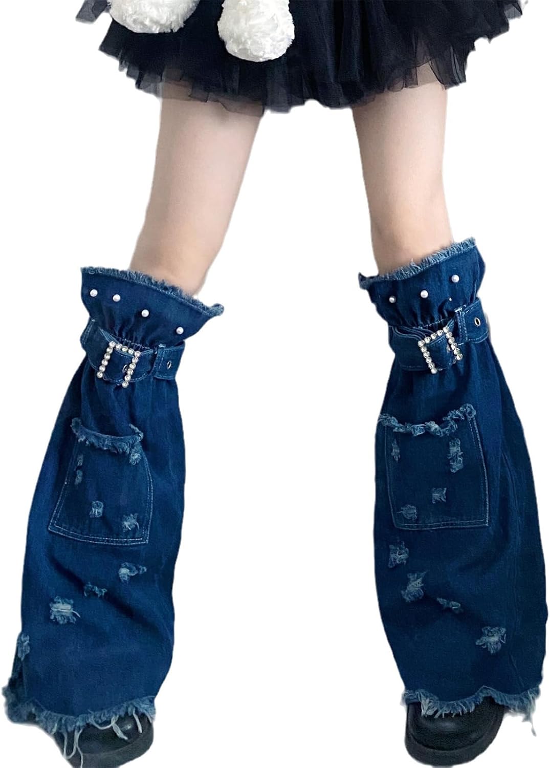 Women Distressed Jeans Leg Warmer with Rhinestones Buckled Pearls Punk Flared Long Socks Denims Leg Covers Streetwear