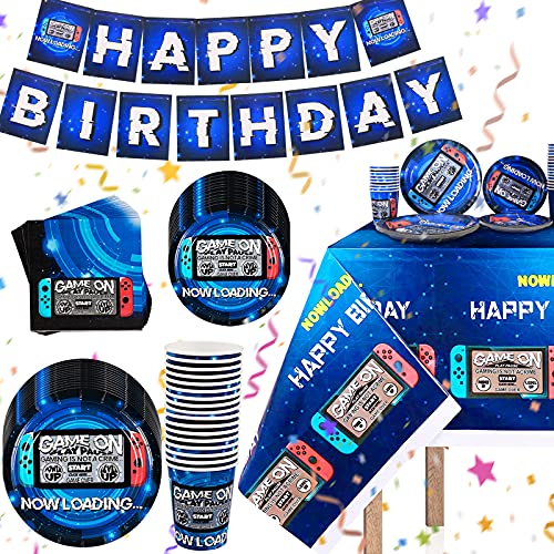 Video Game Party Supplies for Decorations Includes Video Game Paper Plates, Paper Cups, Napkins, Tablecloth and Decoration Banner, Serves 25 Guests, 102PCS Video Game Party Supplies for Decorations Includes Video Game Paper Plates, Paper Cups, Napkins, Tablecloth and Decoration Banner, Serves 25 Guests, 102PCS