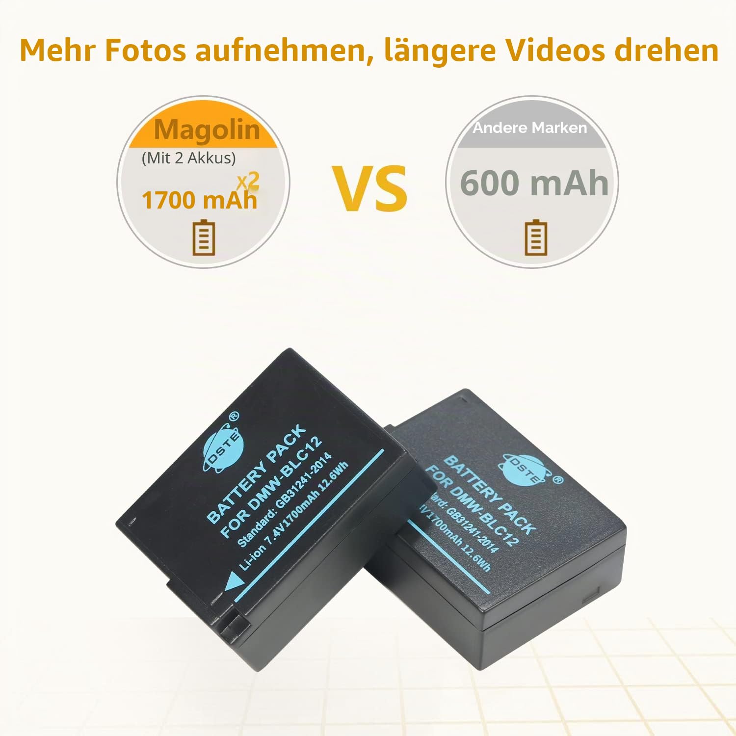 DSTE® DMW-BLC12 DMW-BLC12e Akku + Dual USB Schnellladegerät Kit für Panasonic Lumix DMC-GH2 DMC-FZ330 DMC-FZ200 DMC-FZ200GK DMC-FZ1000 V-LUX4 Leica Q Kameras wie DMW-BLC12PP BP-DC12 Sigma BP-51