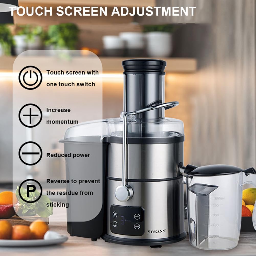 SOKANY 1200W Entsafter Gemüse und Obst, LCD Touchscreen und Quick-Juicer mit optimierter Saftausbeute, Große 85 mm Einfüllöffnung, 5 Geschwindigkeitsstufen, Einfach zu Reinigen, Schwarz/Edelstahl