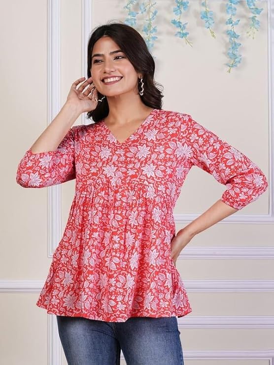 Image of Women's Regular Fit Printed Tunic Top with 3 /4 Sleeves and V Nack Long Length | Short Kurta for Women