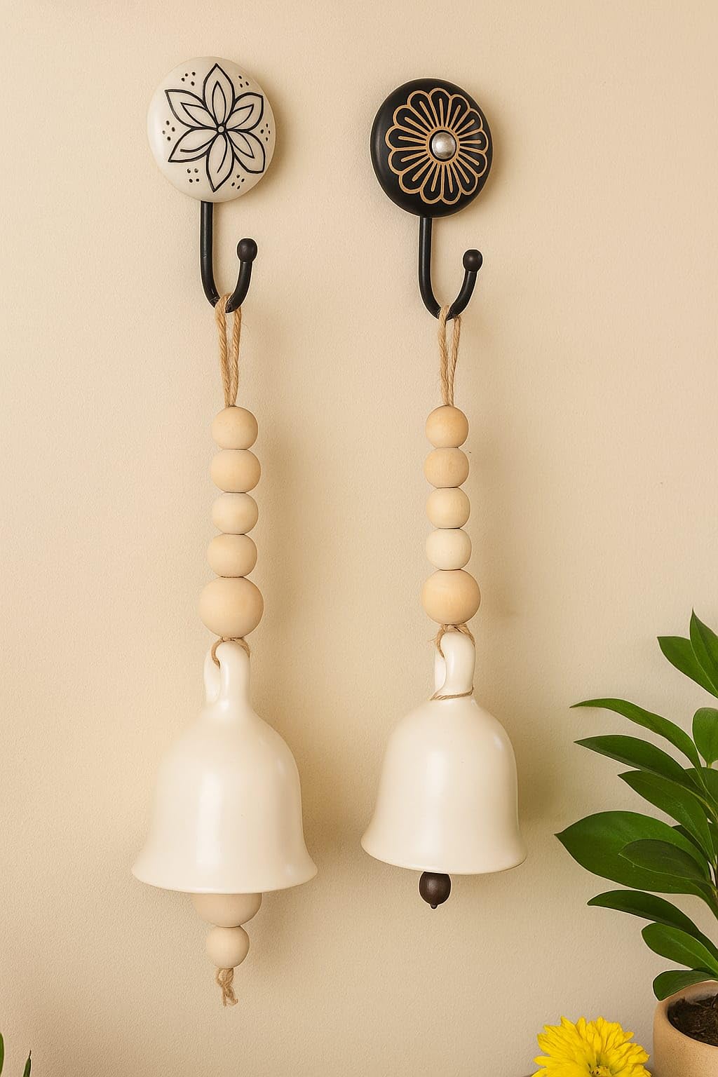 Shopping Shots Set of 2 Large Size White Boho Beaded Ceramic Bells