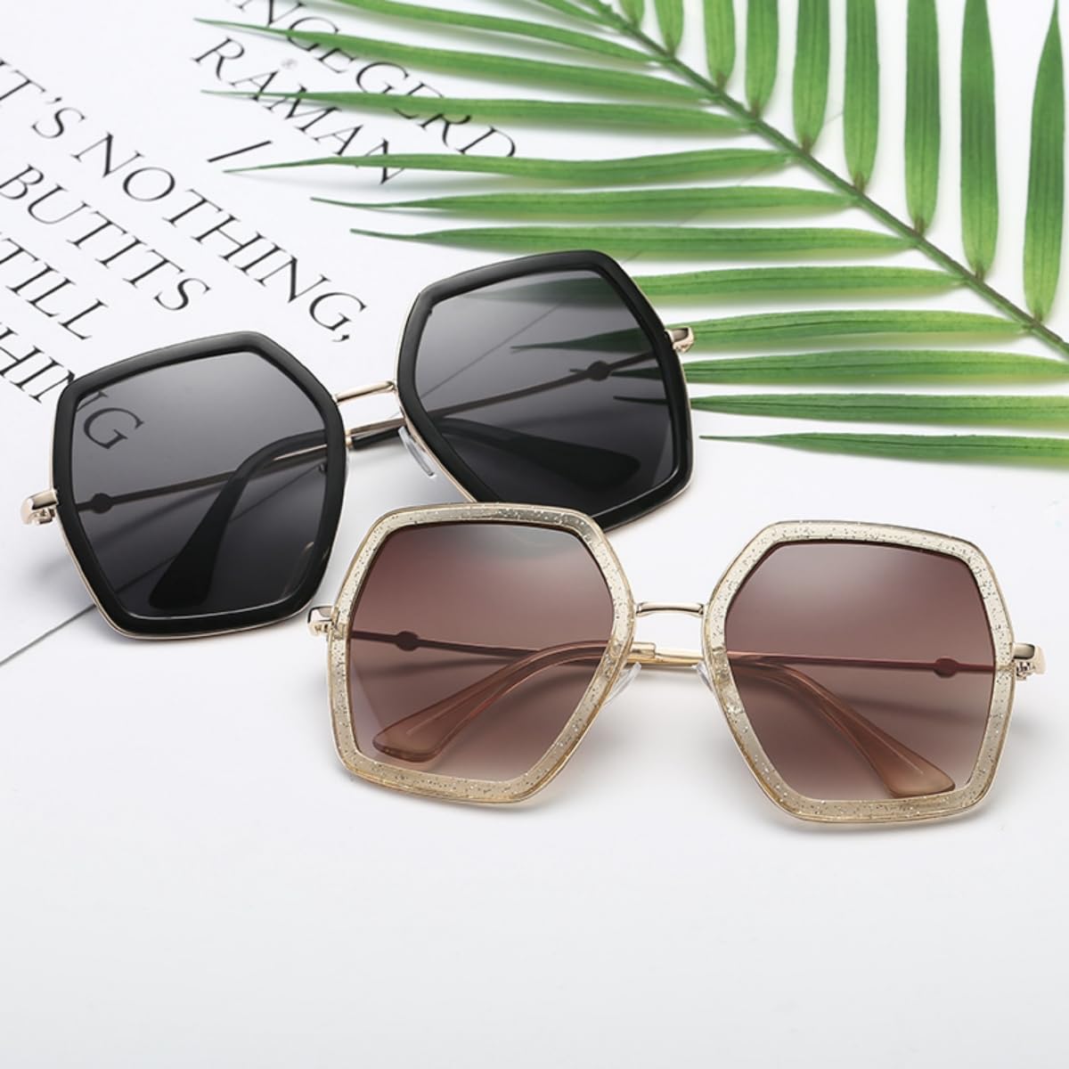 IKANOO Übergroße Sonnenbrille für Damen und Herren, modisch, 70er-Jahre, Disco-Brille, sechseckig, Designer-Rot, Grüntöne, Schwarz, Large