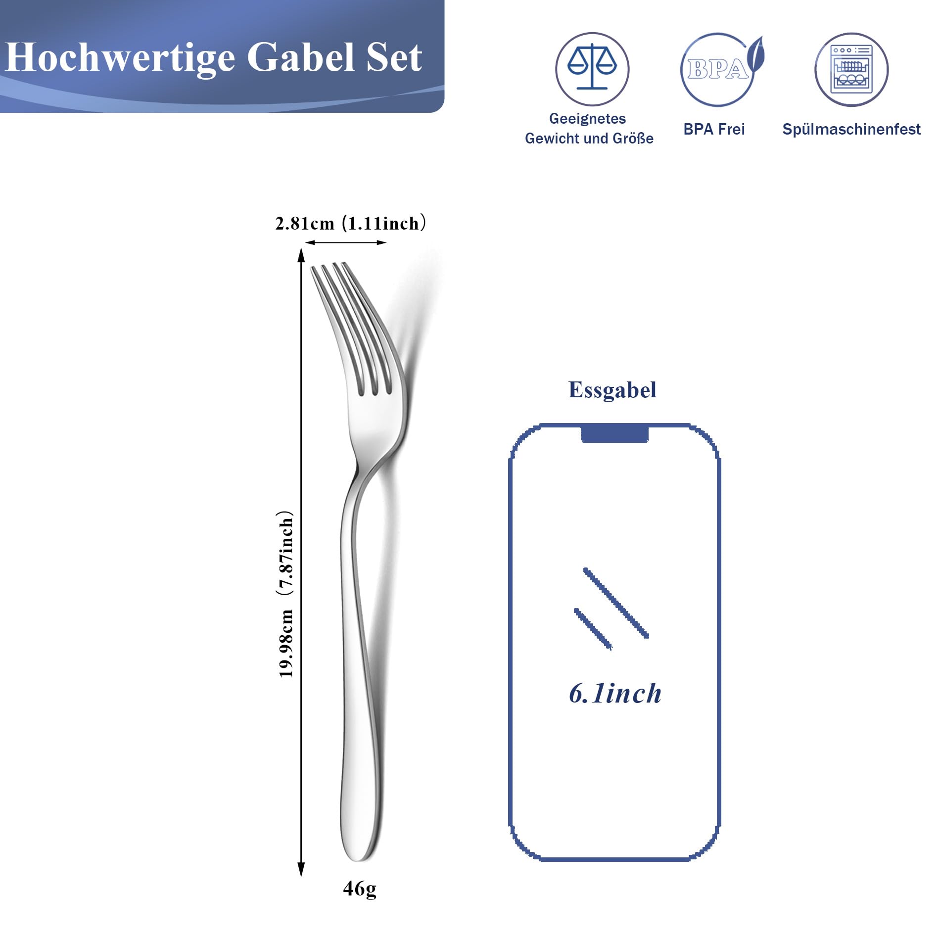 Set di 12 forchette da tavola in acciaio inox, con design senza tempo, per casa/ristorante/cucina, forchette grandi da 20 cm, lucidate a specchio, lavabili in lavastoviglie
